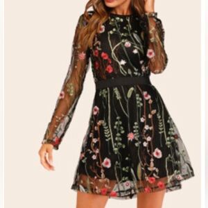 Gorgeous Floral Embroidered Black Mesh Dress
